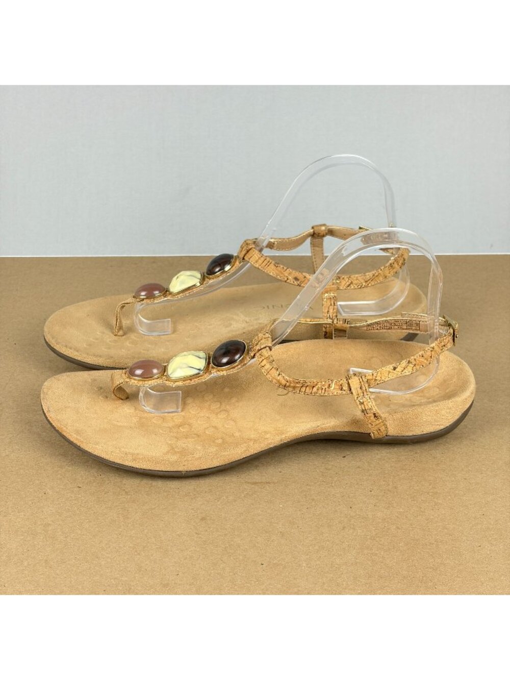 Vionic Gwinn T-Strap Sandals Stone Accents Womens 11 Tan Cork Ankle Strap